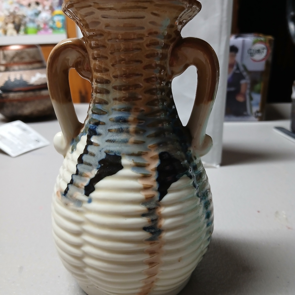 Art Pottery Drip Glaze Ceramic 6" Vase Double Handle Basketweave Neutral Colors